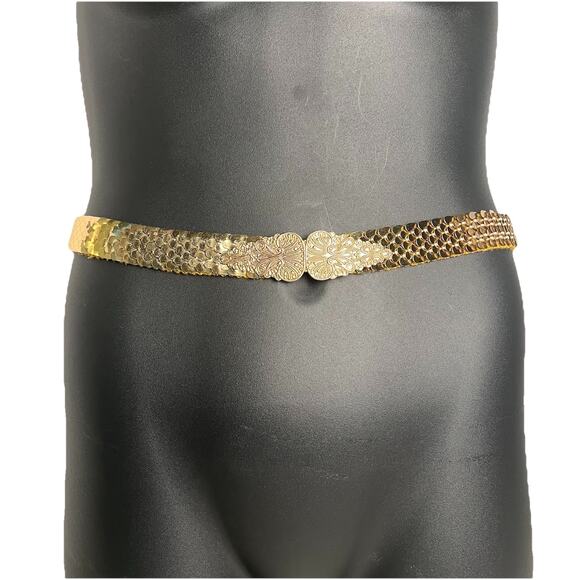 Vintage Gold Metal Fish Scale Stretch Belt Deco Waist Cinch Engraved Hooks 32 in main image 4